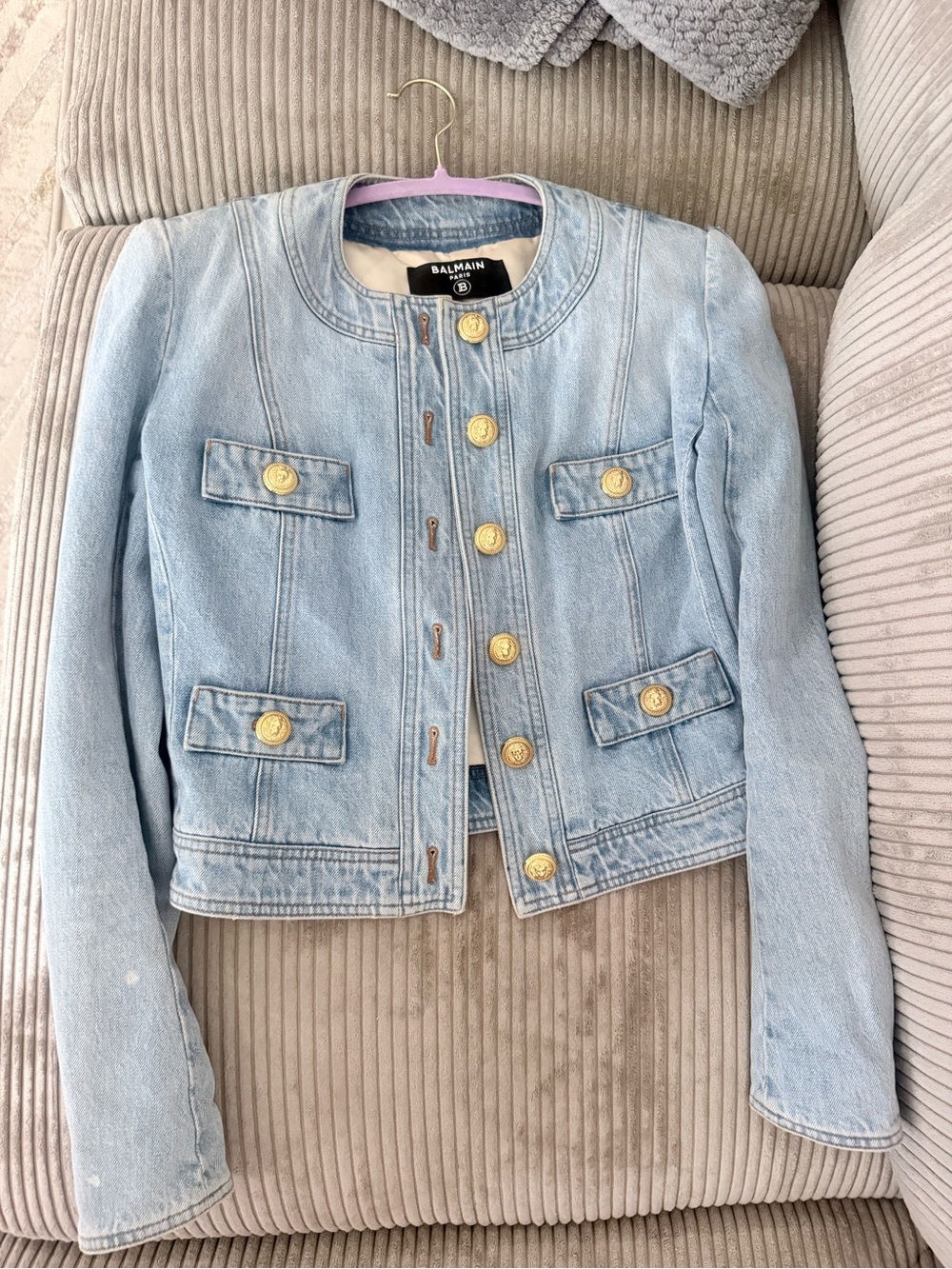 Balmain Light Blue Cropped Denim Jacket with Gold-Tone Buttons